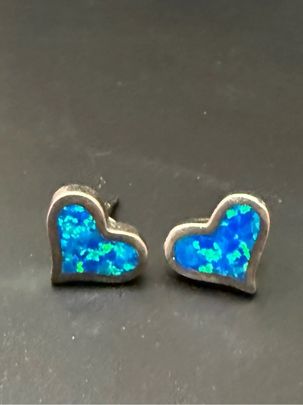 925 Sterling Silver Blue Fire Opal Heart Stud Earrings